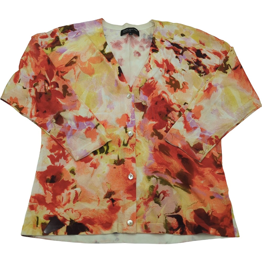 Jones New York Collection Floral Cardigan Orange Yellow V-Neck Knit Sweater S
